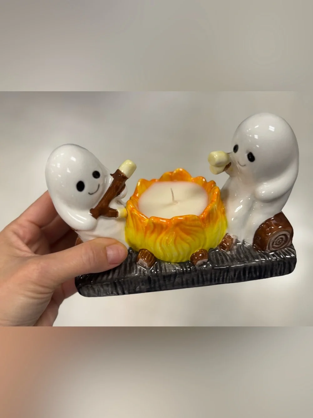 Ceramic Ghosts with Yellow Orange Campfire Candle Holder